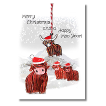 Load image into Gallery viewer, Christmas card with cartoon Highland cows wearing Santa hats and the text 'Merry Christmas and a Happy Moo Year!' on a snowy background.