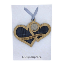 Load image into Gallery viewer, Wooden Plaque shaped with two hearts joined with lucky sixpence and tartan background