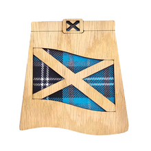 Load image into Gallery viewer, Kilt Shaped Wooden Mug Coaster with tartan background