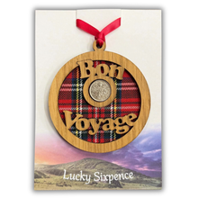 Load image into Gallery viewer, Scottish Gift Idea Wooden Plaque that says Bon Voyage and has Lucky Sixpence in the centre