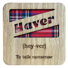 Load image into Gallery viewer, Wooden Mug Coaster with 'Haver' text with tartan background