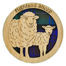 Load image into Gallery viewer, Wooden Mug Coaster with design of two highland sheep