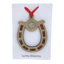 Load image into Gallery viewer, Wooden Plaque Horseshoe with lucky sixpence and tartan background