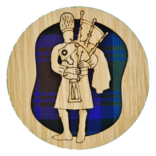 Load image into Gallery viewer, Wooden Mug Coaster with design of a piper
