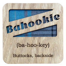 Load image into Gallery viewer, Wooden Mug Coaster with 'Bahookie' text with tartan background