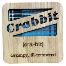 Load image into Gallery viewer, Wooden Mug Coaster with 'Crabbit' text with tartan background