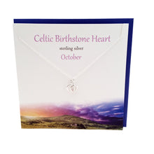 Load image into Gallery viewer, October Celtic Birthstone Pink Opal crystal silver necklace | The Silver Studio Scotland