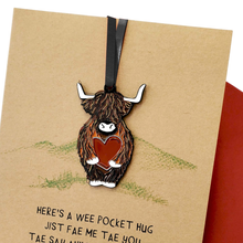 Load image into Gallery viewer, Pocket Hug Enamel Keepsake Charm Highland Coo Card