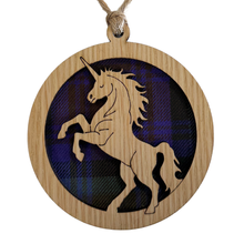 Load image into Gallery viewer, Wooden hanger with unicorn design on a tartan background