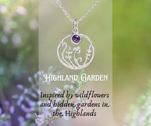 Load image into Gallery viewer, Silver necklace with a purple gemstone pendant on a floral background