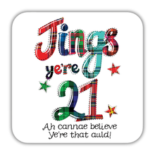 Load image into Gallery viewer, Colorful birthday coaster with tartan pattern and text on a white background