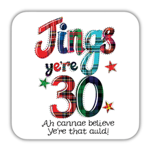 Load image into Gallery viewer, Colorful tartan design with text celebrating a 30th birthday on a white background