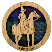 Load image into Gallery viewer, Wooden coaster with The Duke of Wellington wearing a traffic cone on a horse design and 'Glasgow' text, set against a tartan background.