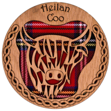 Load image into Gallery viewer, Round Wooden Mug Caoster with Highland Cow Design