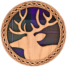 Load image into Gallery viewer, Round Wooden Coaster with tartan background and wooden stag design