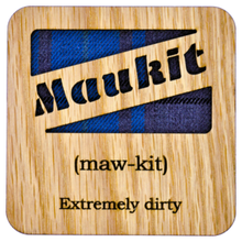 Load image into Gallery viewer, Wooden Mug Coaster with 'Maukit' text with tartan background