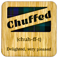 Load image into Gallery viewer, Wooden Mug Coaster with 'Bawhair' text with tartan background