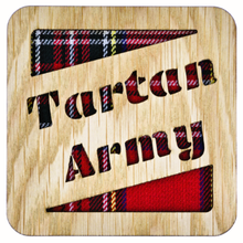 Load image into Gallery viewer, Wooden coaster with tartan background and 'Tartan Army' text
