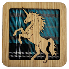 Load image into Gallery viewer, Wooden coaster with a unicorn design on a tartan background
