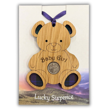 Load image into Gallery viewer, Wooden Plaque in the shape of a bear with tartan feet and lucky sixpence in the centre