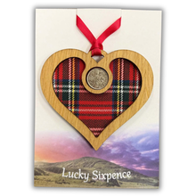 Load image into Gallery viewer, Lucky Sixpence Wooden Plaque in the shape of a heart