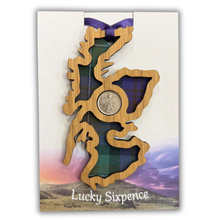 Load image into Gallery viewer, Lucky Sixpence Wooden Plaque with Scotland Map and tartan background
