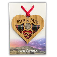 Load image into Gallery viewer, Lucky Sixpence Heart wooden plaque with Mrs & Mrs