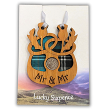 Load image into Gallery viewer, Wooden Plaque with Two thistle design and lucky sixpence in the centre Scottish Wedding Gift