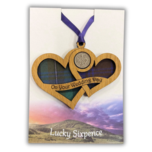Load image into Gallery viewer, Wooden Plaque shaped with two hearts joined with lucky sixpence and tartan background