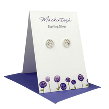 Load image into Gallery viewer, Mackintosh sterling silver earrings on a branded card with floral design