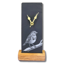 Load image into Gallery viewer, Robin slate clock with oak base