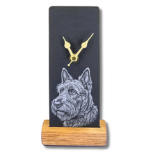 Load image into Gallery viewer, Clock with a scottie dog illustration on a black slate and oak base.