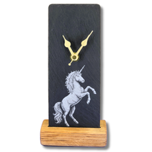 Load image into Gallery viewer, Slate clock with unicorn design on a oak stand
