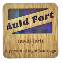 Load image into Gallery viewer, Wooden Mug Coaster with 'Auld Fart' text with tartan background