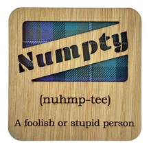 Load image into Gallery viewer, Wooden Mug Coaster with 'Numpty' text with tartan background