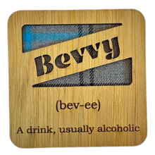 Load image into Gallery viewer, Wooden Mug Coaster with 'Bevvy' text with tartan