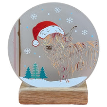 Load image into Gallery viewer, Wooden Tea Light Candle Holder with Christmas Highland Cow Design
