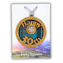 Load image into Gallery viewer, Happy 30th Lucky Sixpence Hanging wooden wall plaque with red tartan background