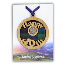 Load image into Gallery viewer, Happy 40th wooden lucky sixpence wall plaque with lucky sixpence in the centre