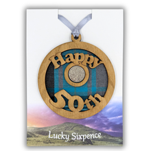 Load image into Gallery viewer, Happy 50th birthday lucky sixpence wooden wall plaque with lucky sixpence in the centre
