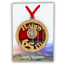 Load image into Gallery viewer, Happy 65th Lucky Sixpence Scottish Themed Gift with tartan background and wooden frame