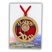 Load image into Gallery viewer, Happy 70th Lucky Sixpence Scottish Themed Gift with Hanging wooden wall plaque and lucky sixpence centre
