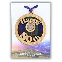 Load image into Gallery viewer, Happy 80th Lucky Sixpence Hanging Wooden Wall Plaque
