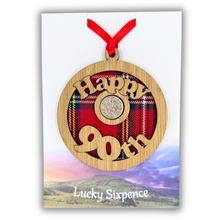 Load image into Gallery viewer, Happy 90th Lucky Sixpence Hanging Wooden Wall Plaque