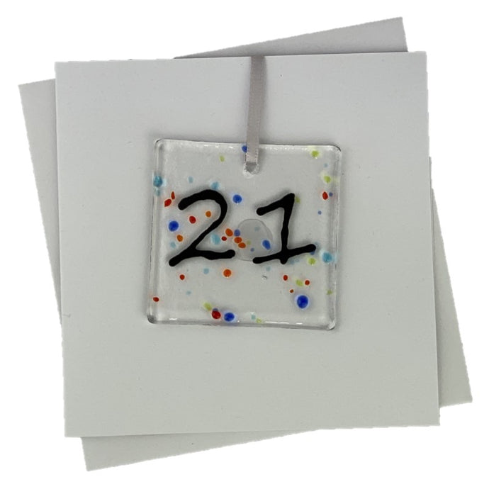 21st birthday card with fused glass art with number 21 on the front