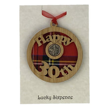 Load image into Gallery viewer, Happy 30th Lucky Sixpence Hanging wooden wall plaque with red tartan background
