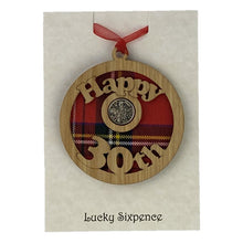 Load image into Gallery viewer, Happy 30th Lucky Sixpence Hanging wooden wall plaque with red tartan background