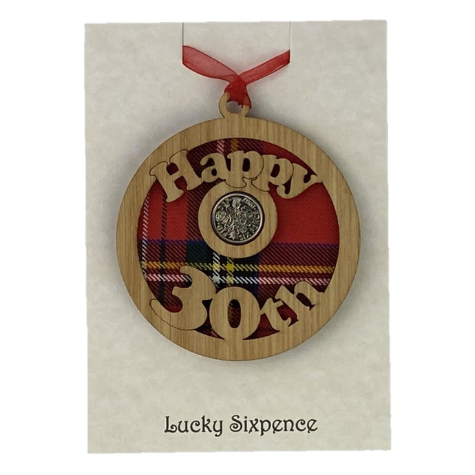 Happy 30th Lucky Sixpence Hanging wooden wall plaque with red tartan background