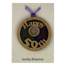 Load image into Gallery viewer, Happy 50th birthday lucky sixpence wooden wall plaque with lucky sixpence in the centre