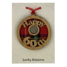Load image into Gallery viewer, Happy 60th birthday lucky sixpence wooden wall plaque with red tartan and lucky sixpence in the centre